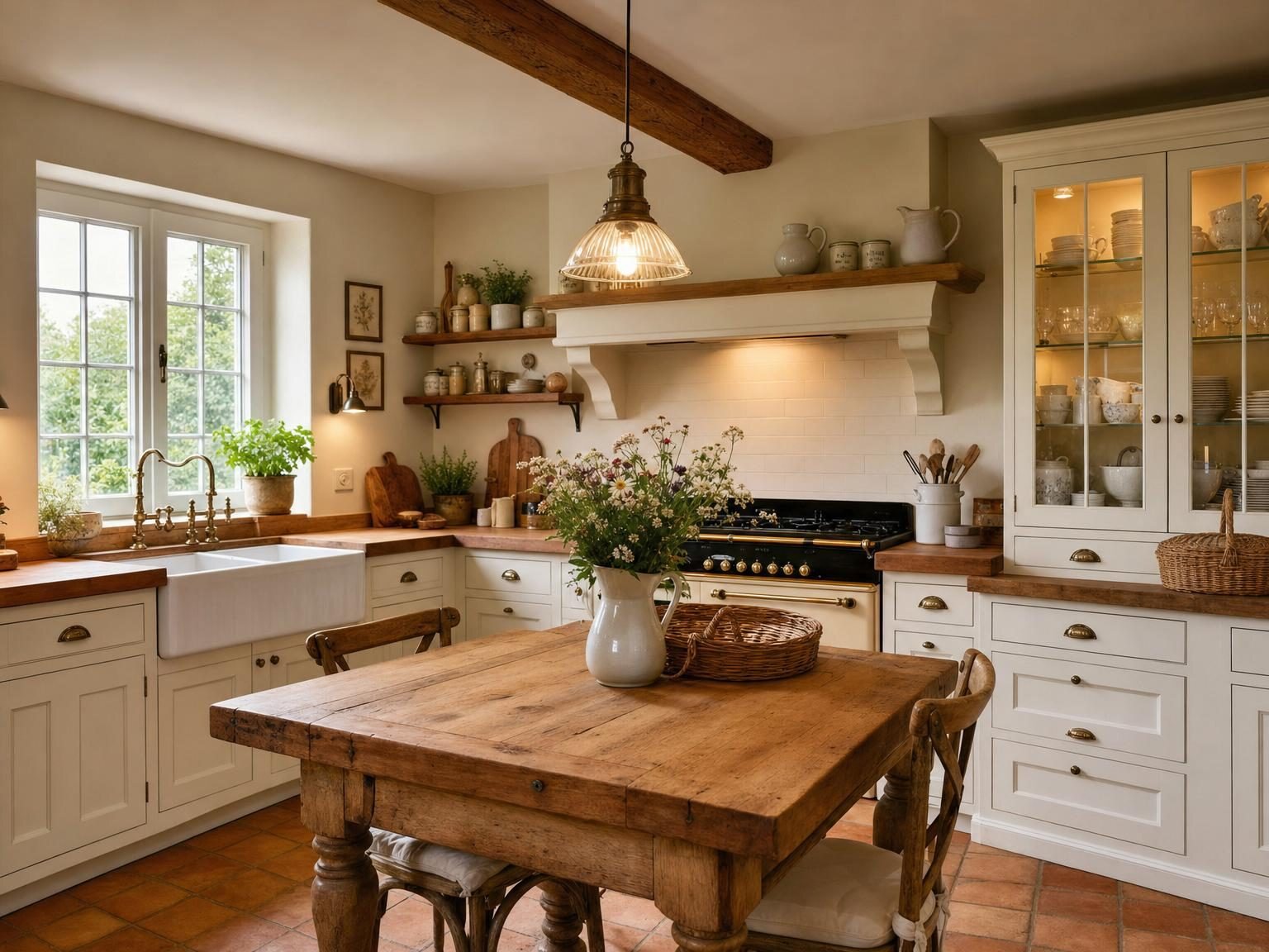 Landhausküche mit Kassettenfronten, Holz und warmen Naturtönen